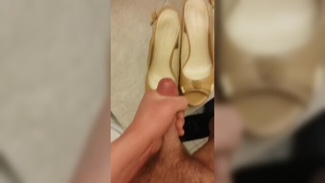 Cum on Her Shoes - Tan Peep Toe Wedges